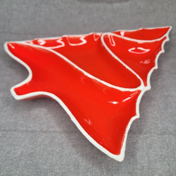 Vintage Ceramic Red Christmas Tree Divided Serving/Candy Dish Atlantic Mold MCM - Picture 4 of 7